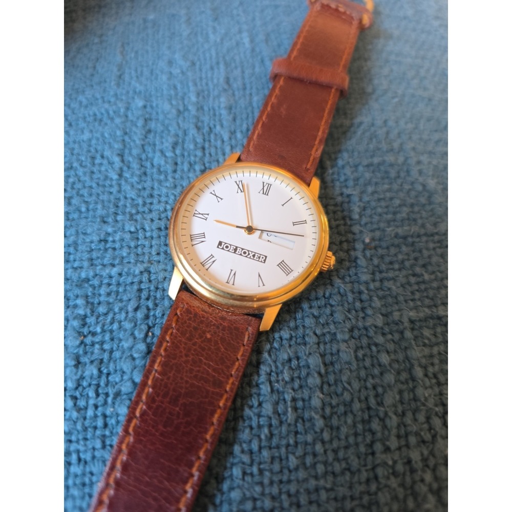 Joe Boxer Watch Brown‎ Leather Band Gold Trim Face Good Bad Ugly Vintage